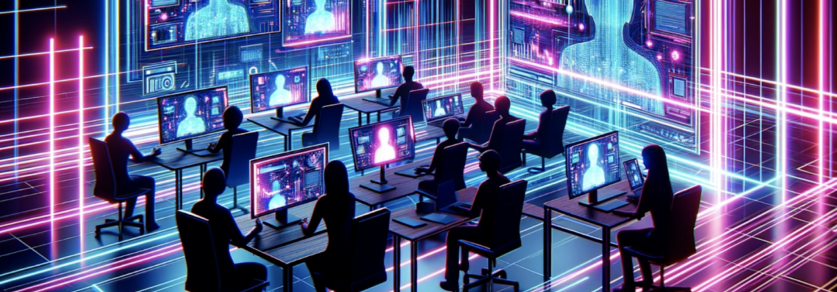 An image depicting a futuristic digital teleconference scene with neon streaks of pink and blue has been created, showing silhouettes of people in a virtual meeting across various digital devices.